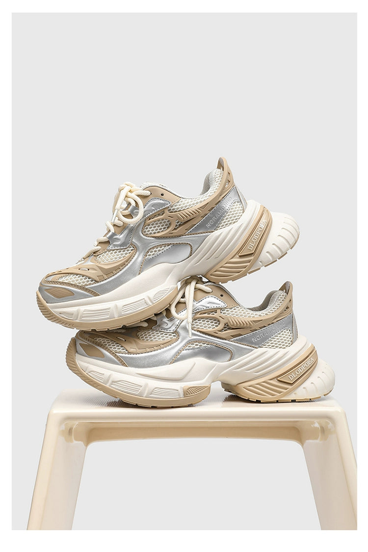 Chunky Futuristic Sneakers with Mesh Panels and Crisscross Detailing