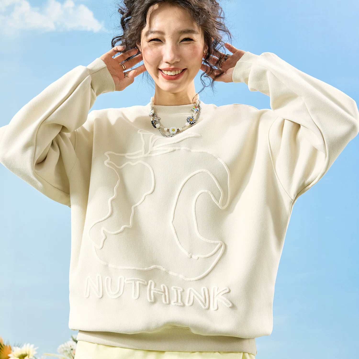 Abstract Outline Embroidered Oversized Crewneck Sweatshirt