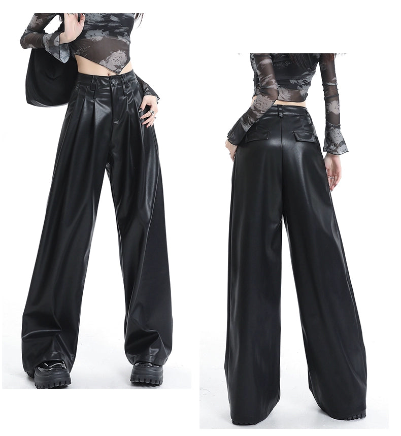 Coffee Wide-Leg Pu Leather Pants - chiclara