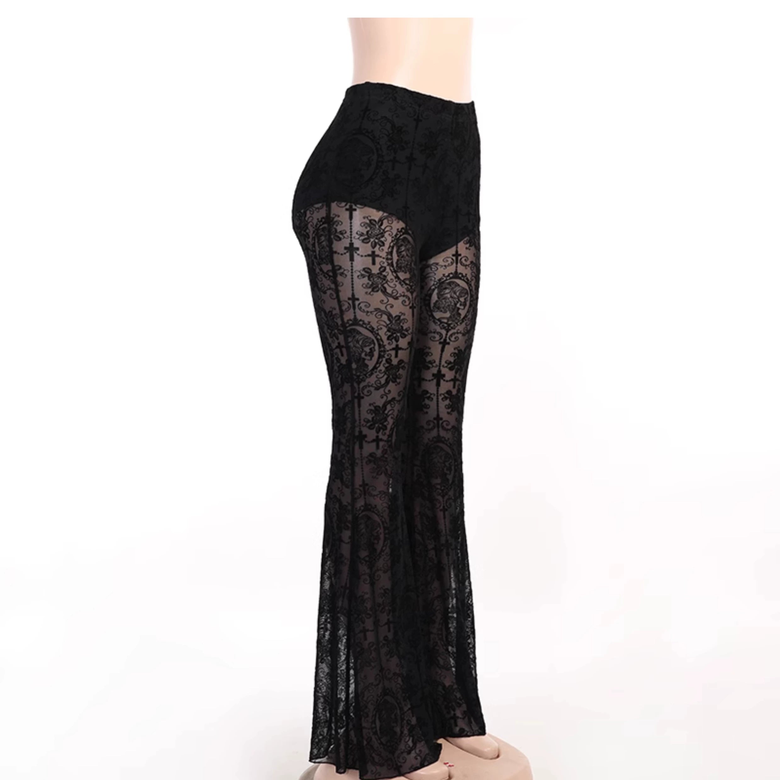 Wannathis Gothic Lace Ensemble - Black Sheer Flared Pants, Brocade Camisole, And Bell Sleeve Bolero