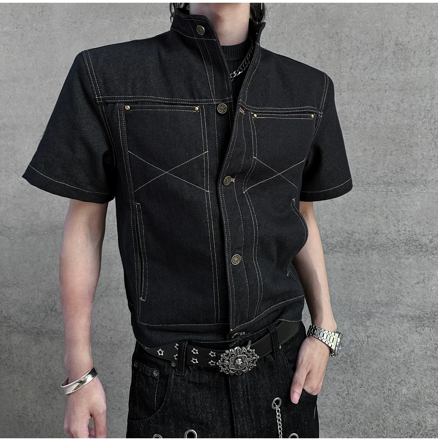 Iron Grid High-Collar Utility Denim Jacket