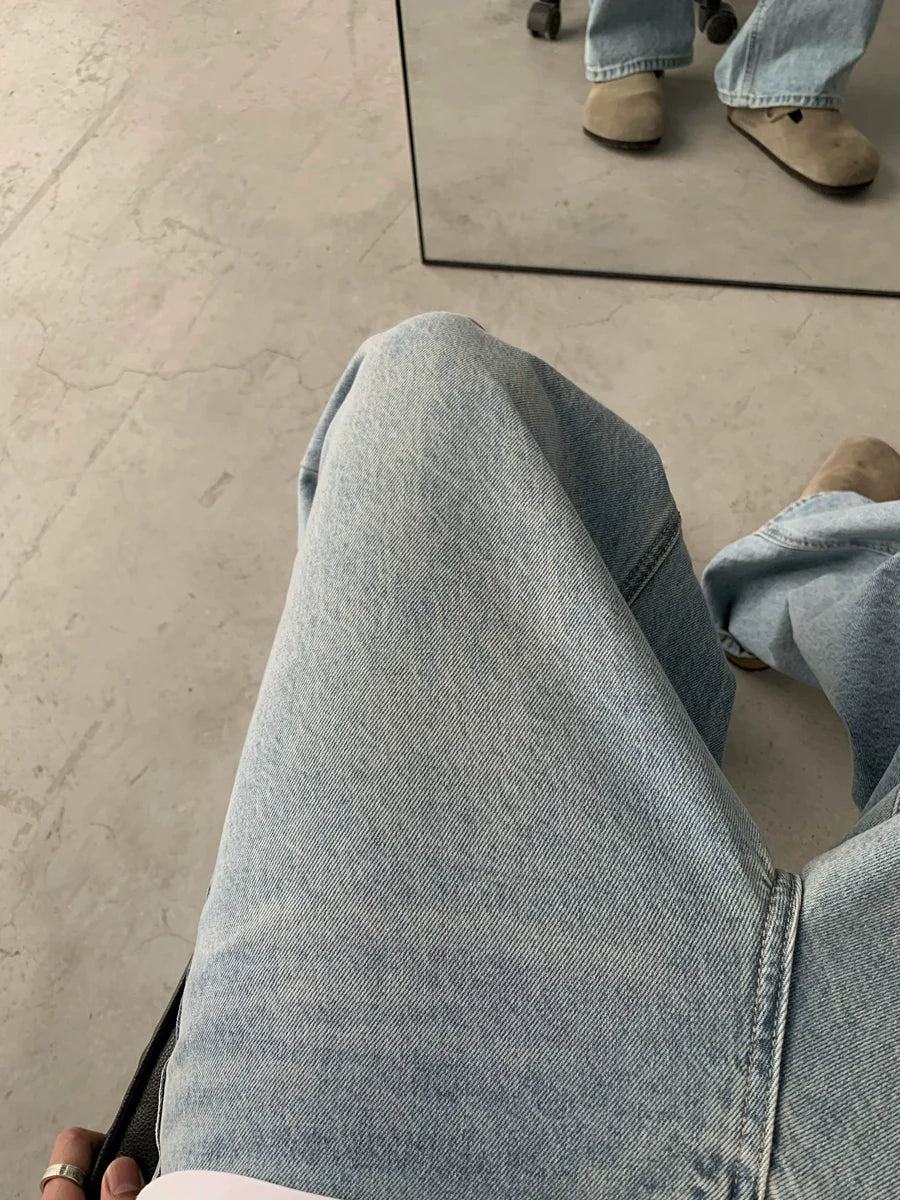 Distressed Straight Leg Denim Jeans - chiclara