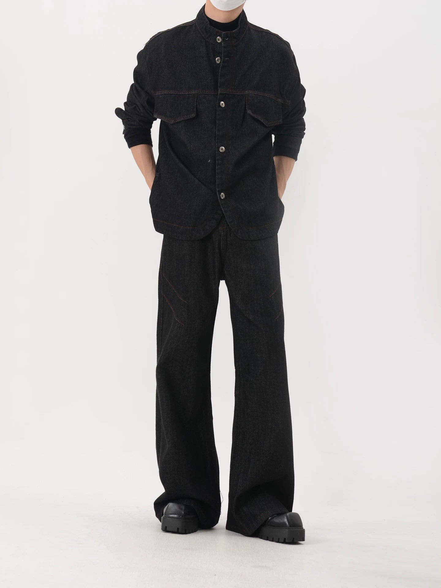 Stand-Collar Utility Pocket Denim Jacket
