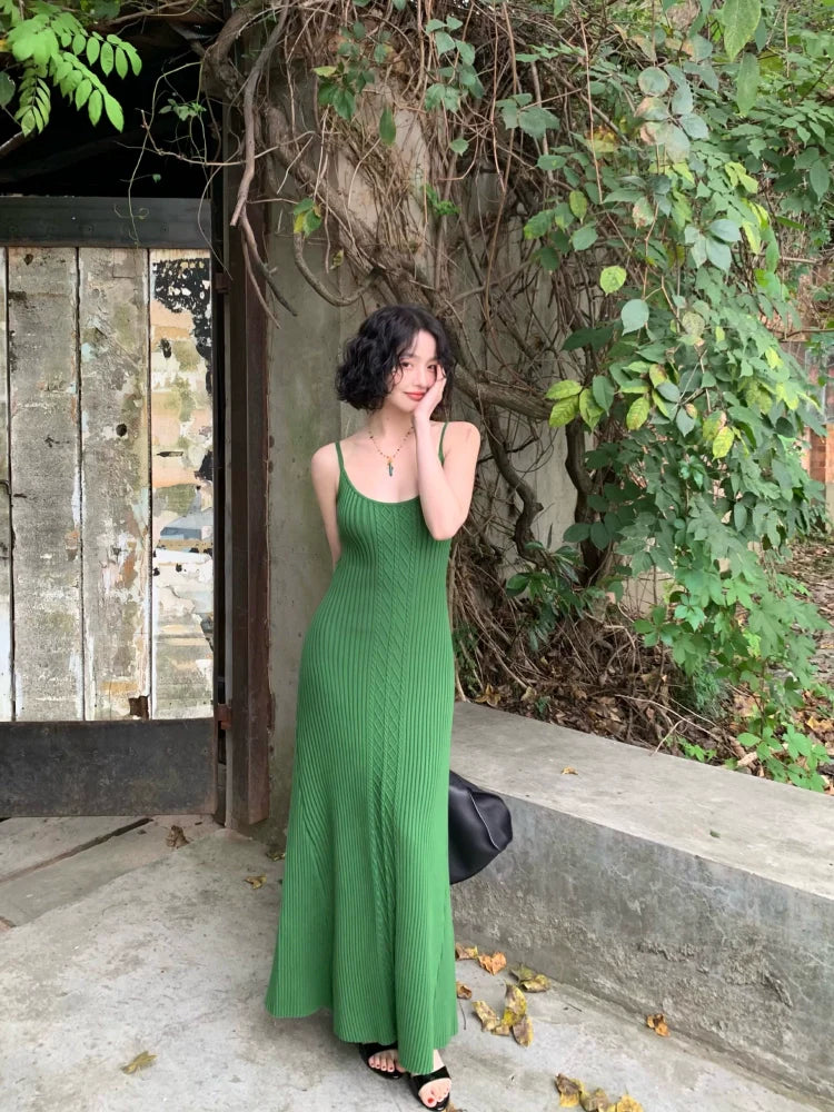 Slim Ribbed Knit Suspender Maxi Dress