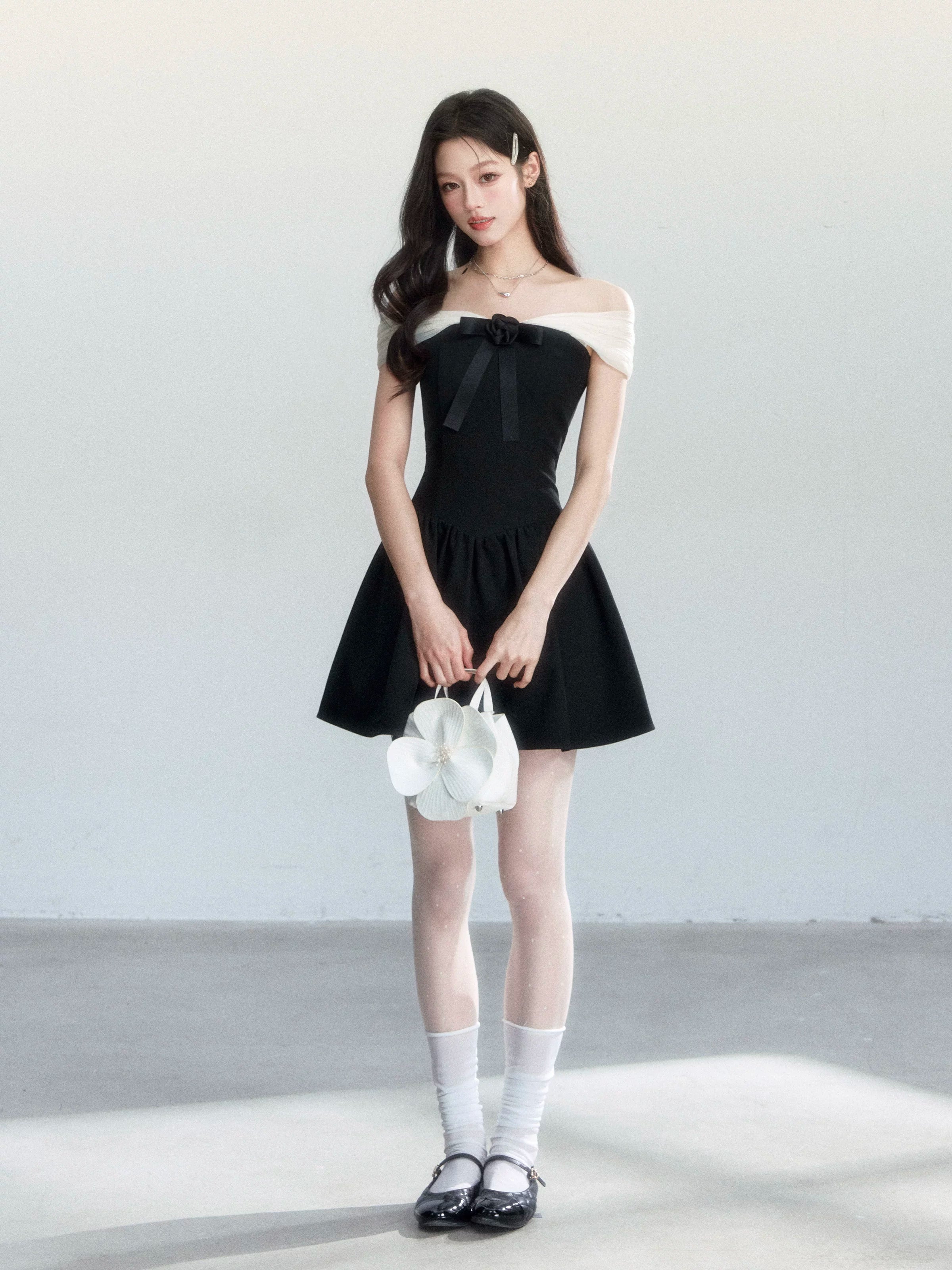 Contrast Off-Shoulder Bow Mini Dress - full outfit view