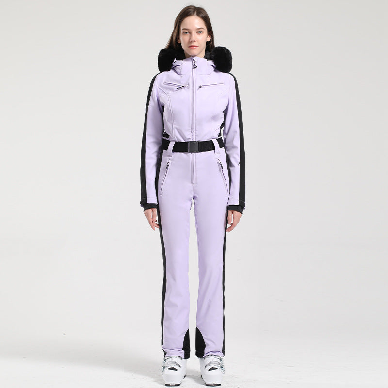 Belted One-Piece Ski Suits with Fur Hoods