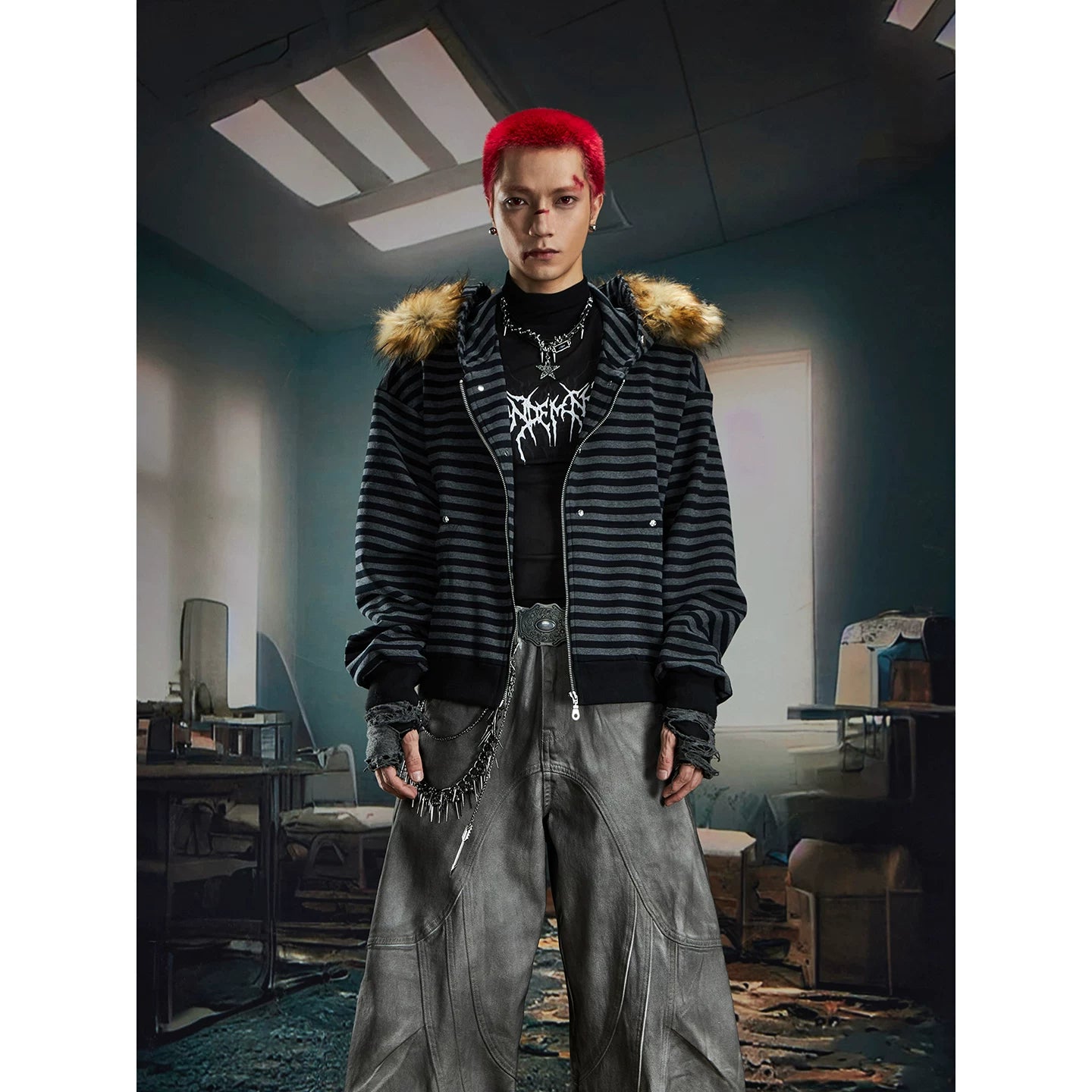 Feral Stripe Faux‑Fur Hooded Zip Jacket