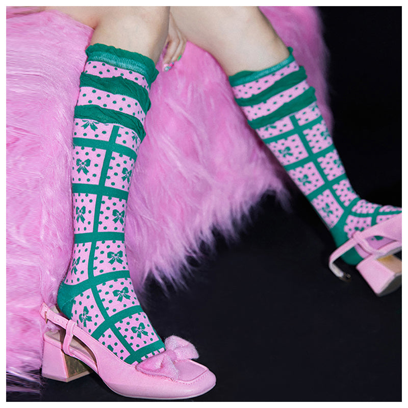 Polka Dot Bow Grid Knee Socks