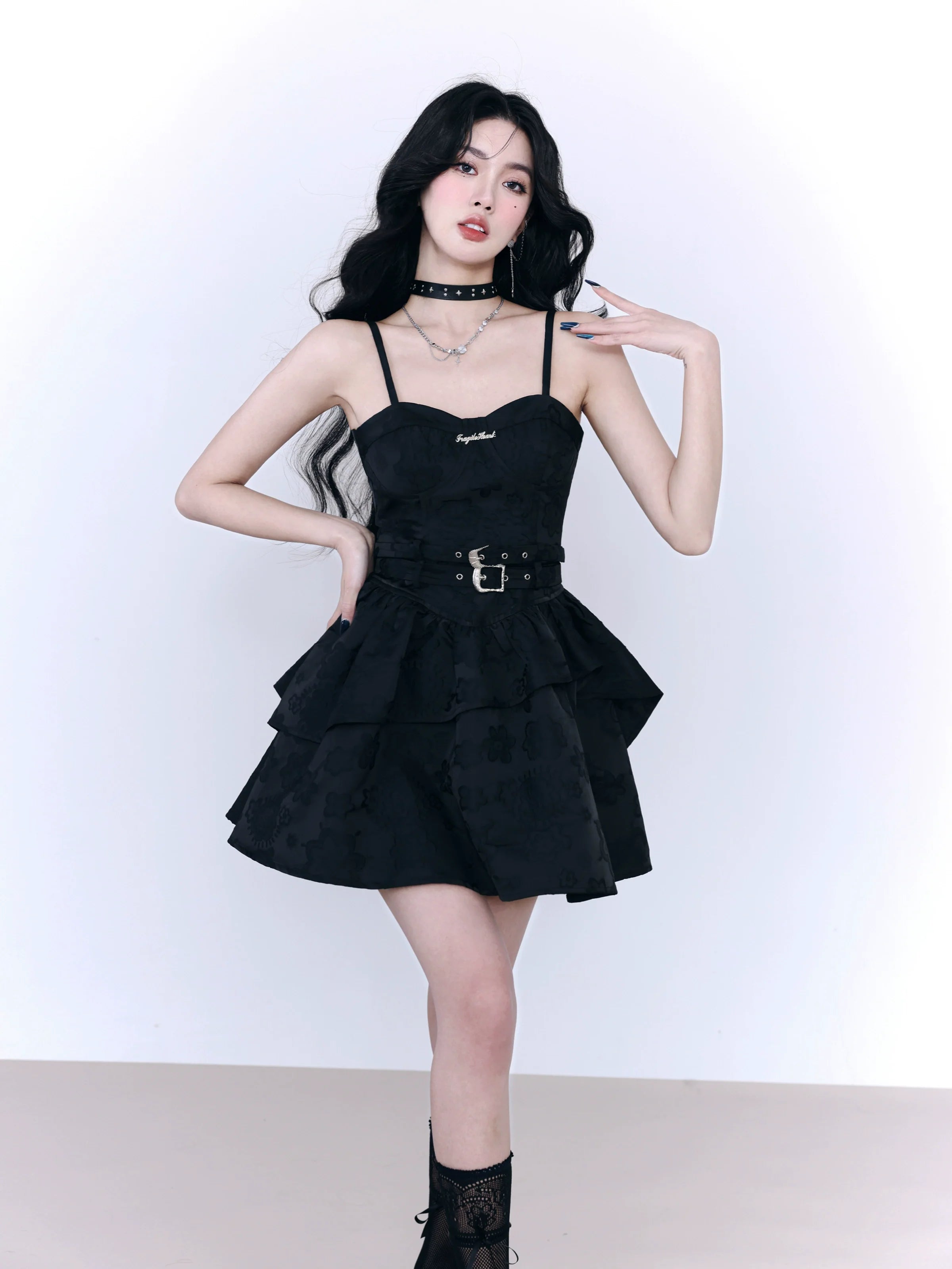 Fragile Heart Black Tiered Mini Dress with Belted Waist