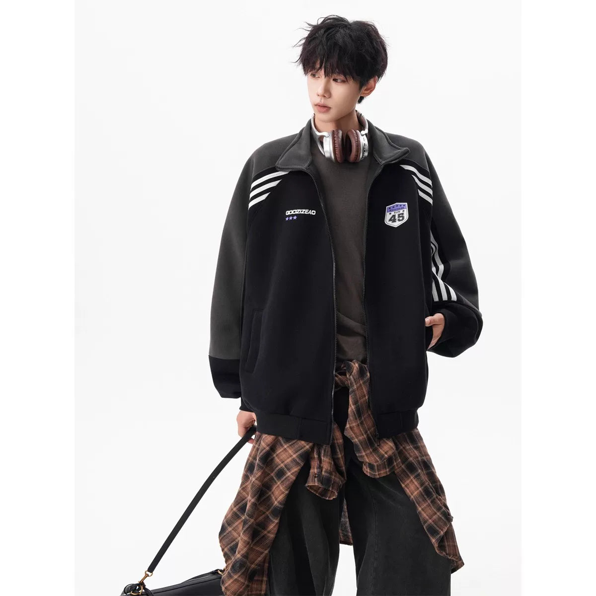 Varsity Track Stripe Zip Bomber Sweater