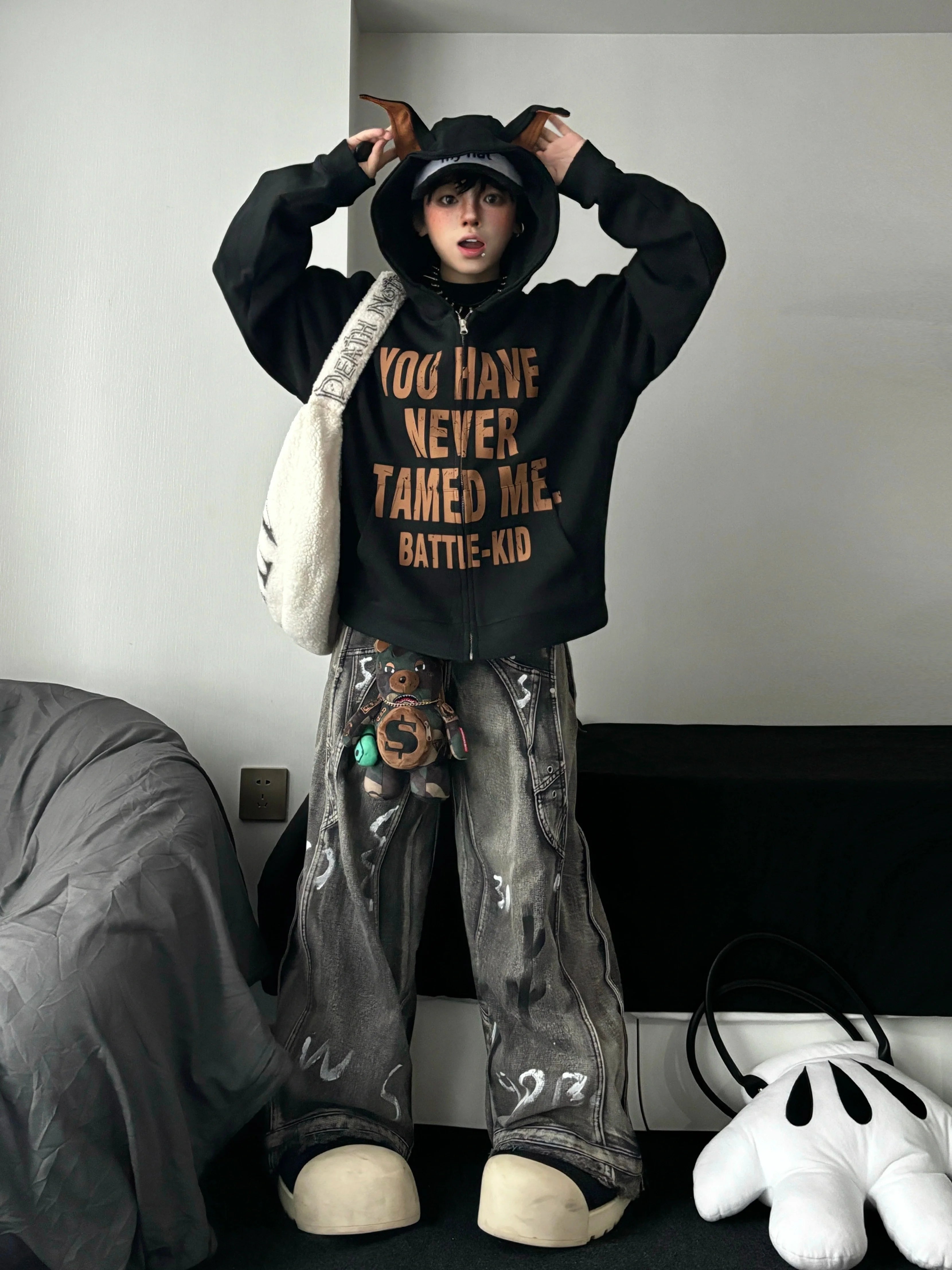 Faded Graffiti Drag-Hem Wide-Leg Jeans