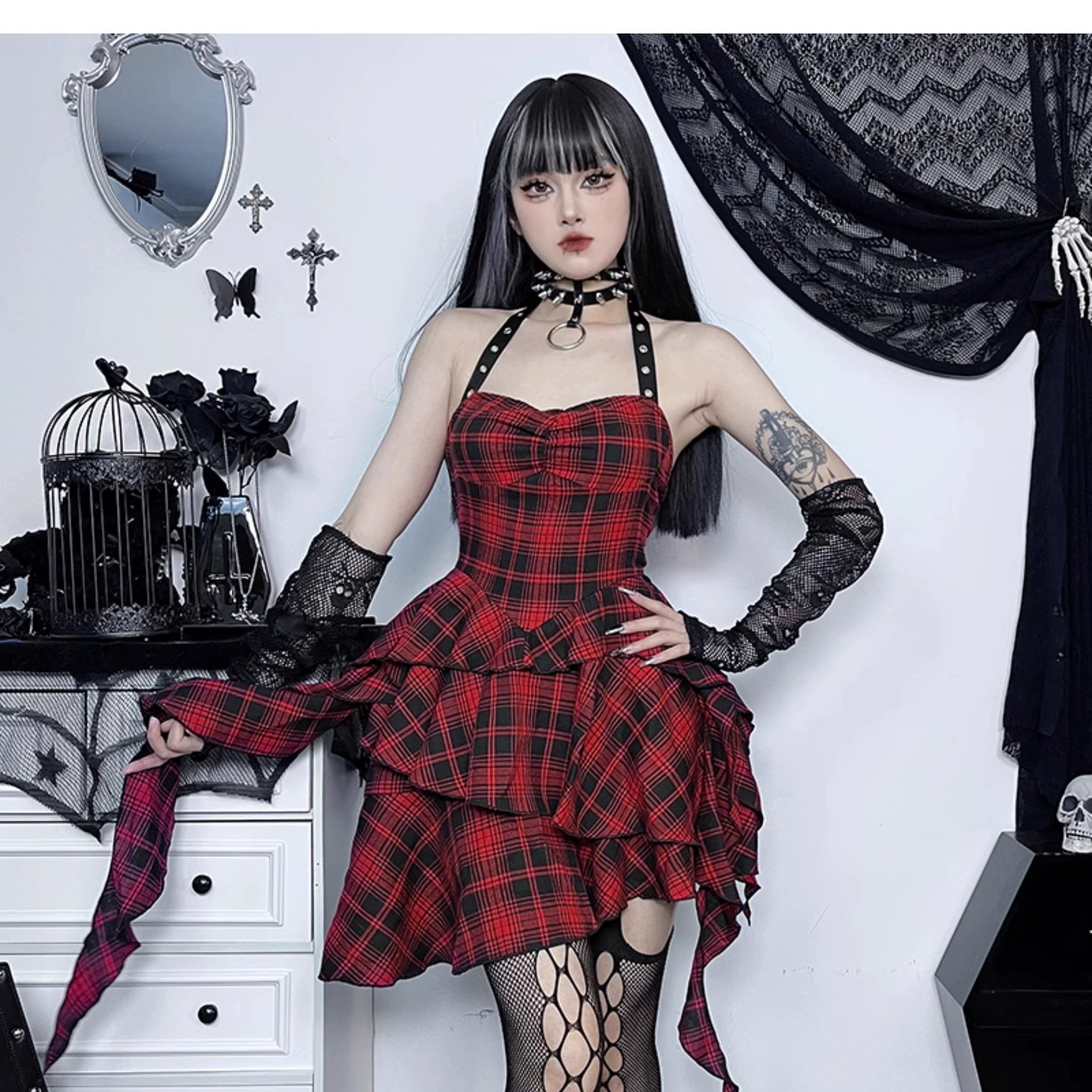 Wannathis Punk Tartan Mini Dress - Red Plaid Ruffle Tiered Goth Dress With Studded Harness