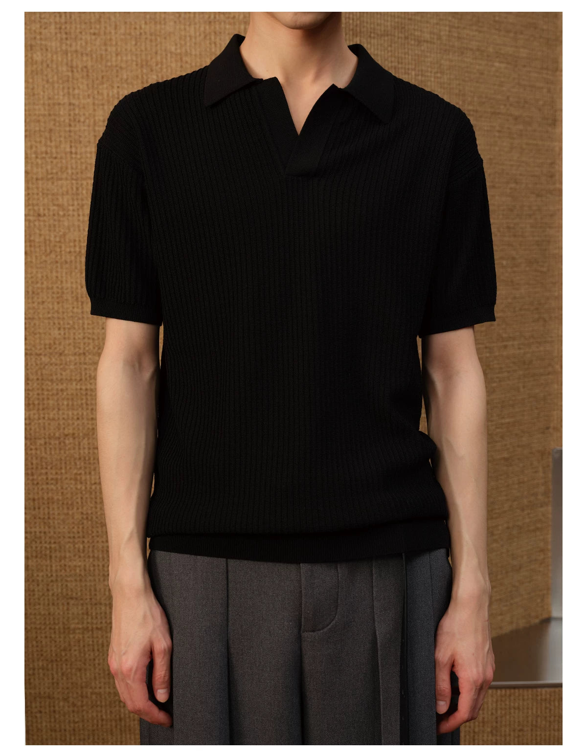 Textured Knit Open-Collar Polo Shirt