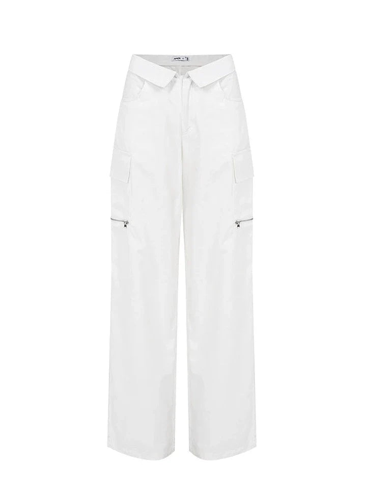 Wide-Leg Cargo Pants with Collar Waistband