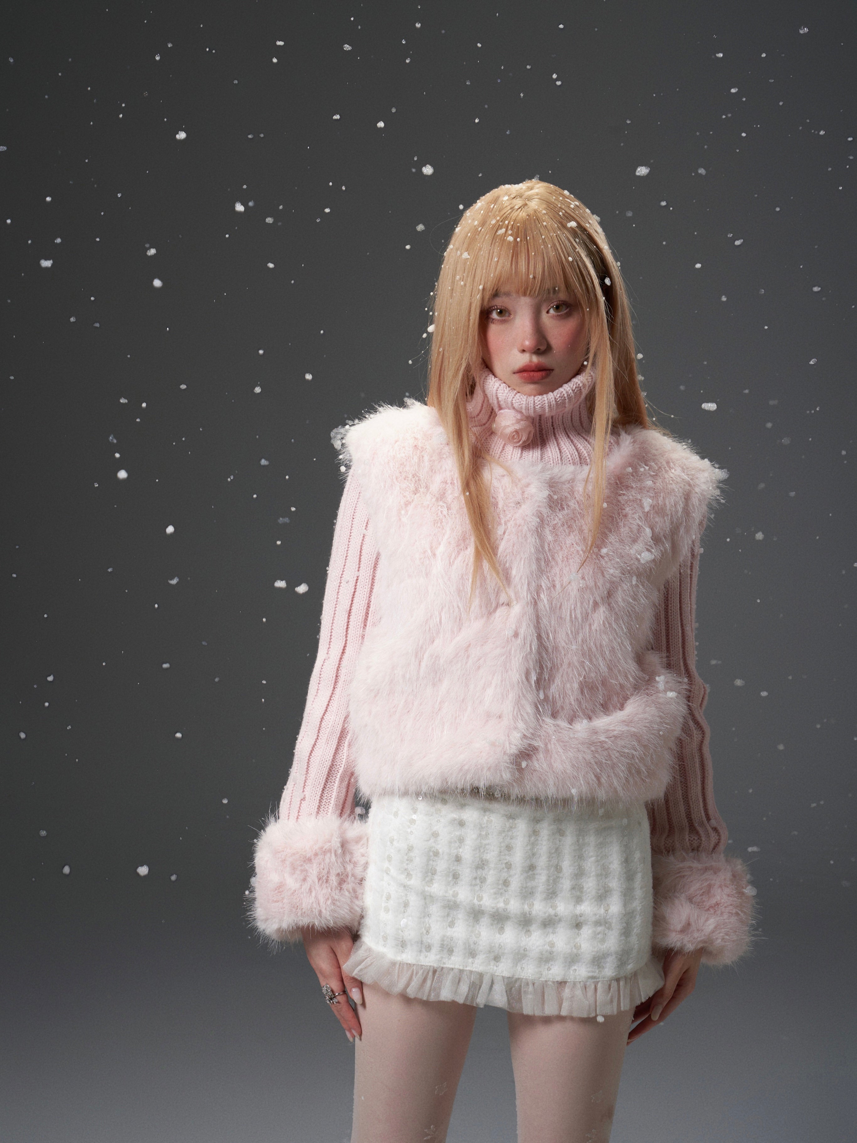 Pink Mixed-Texture Fur Jacket