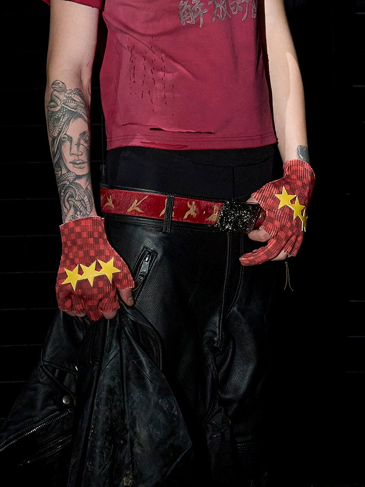 Red Fingerless Star Patch Gloves