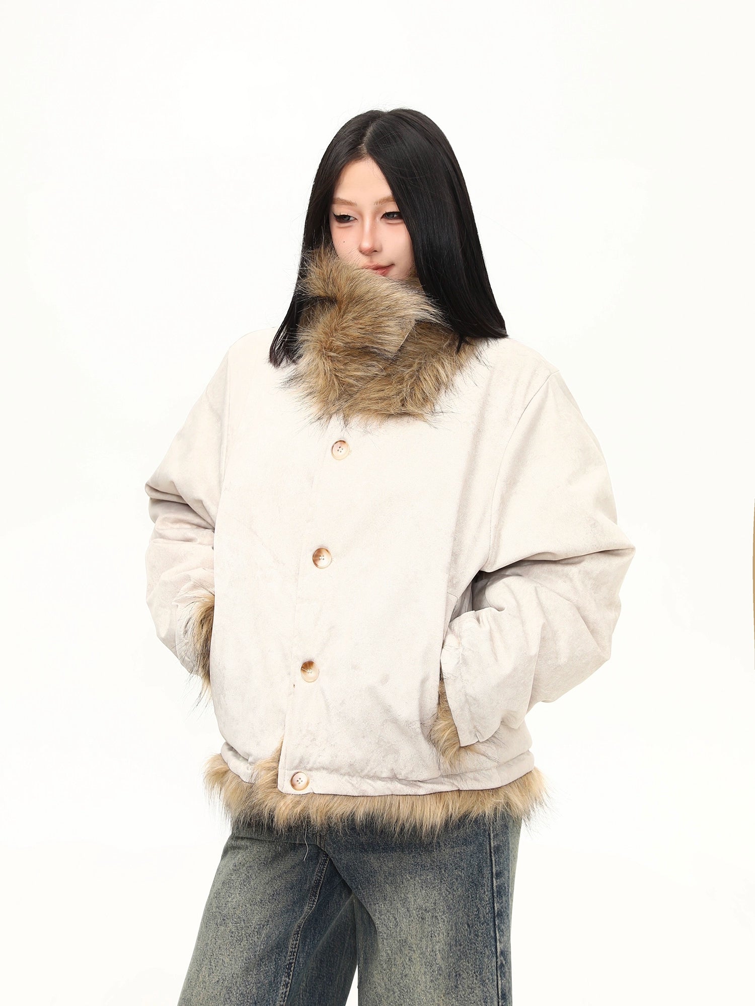 Oat Frost Faux Fur Trim Jacket