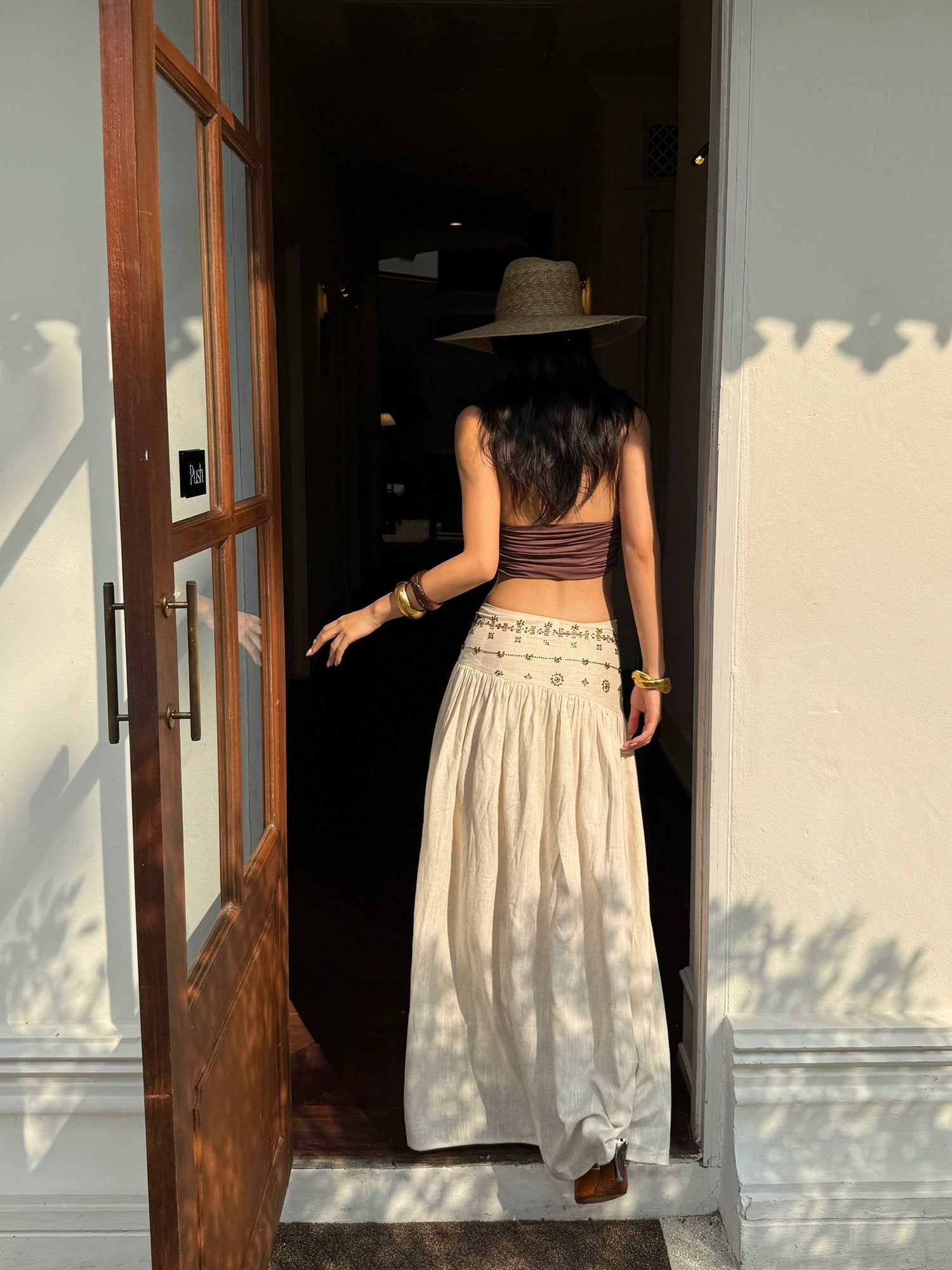 Beige Embroidered High Waist Midi Skirt