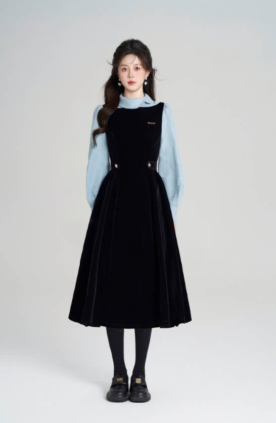 Velvet Pinafore Contrast Sleeve Dress