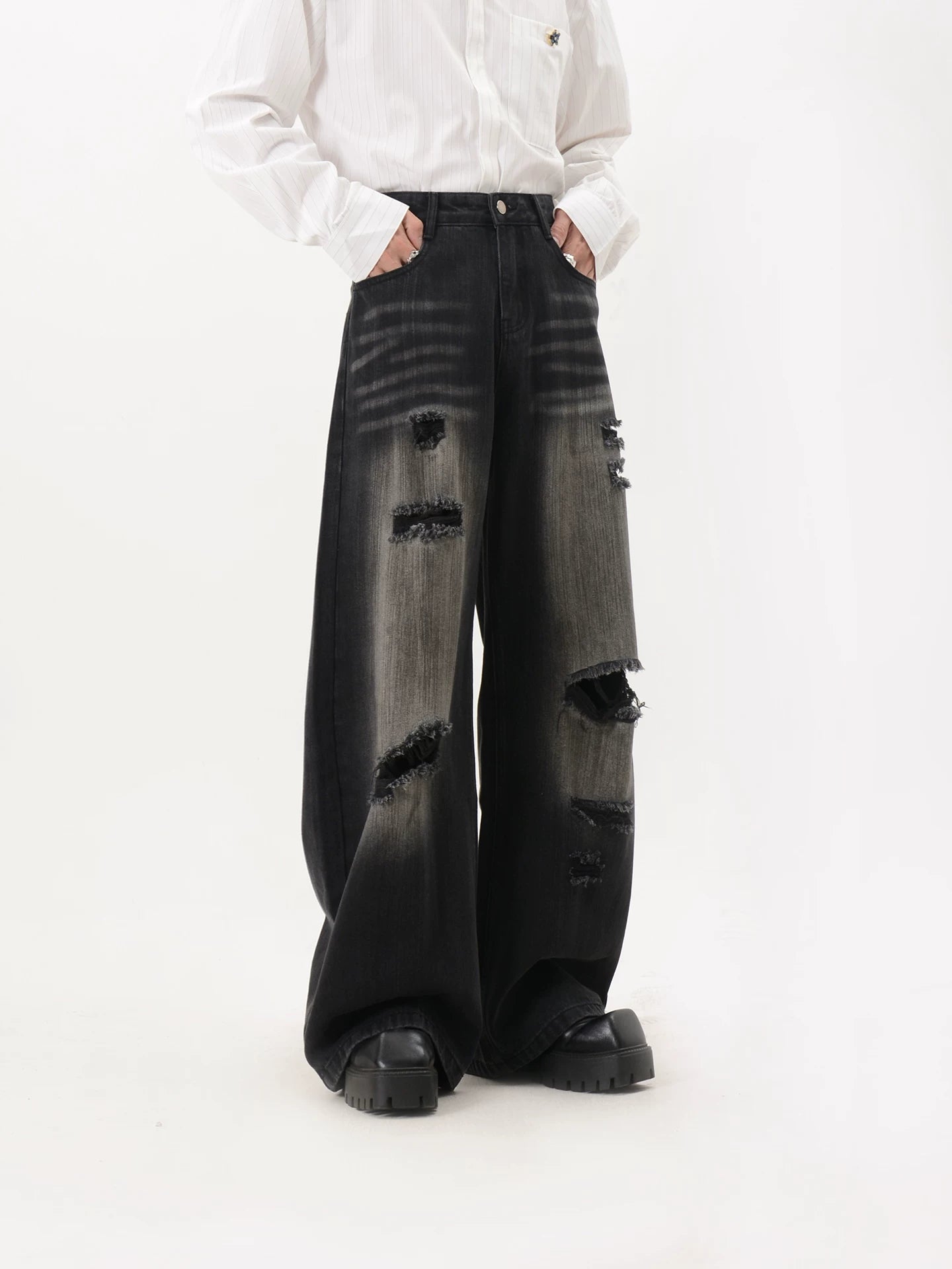 Distressed Washed Heavily Ripped Wide Leg Jeans