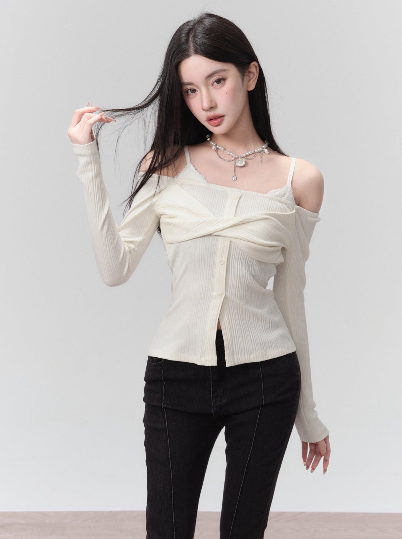 Elegant White Off-Shoulder Twisted Front Long Sleeve Top