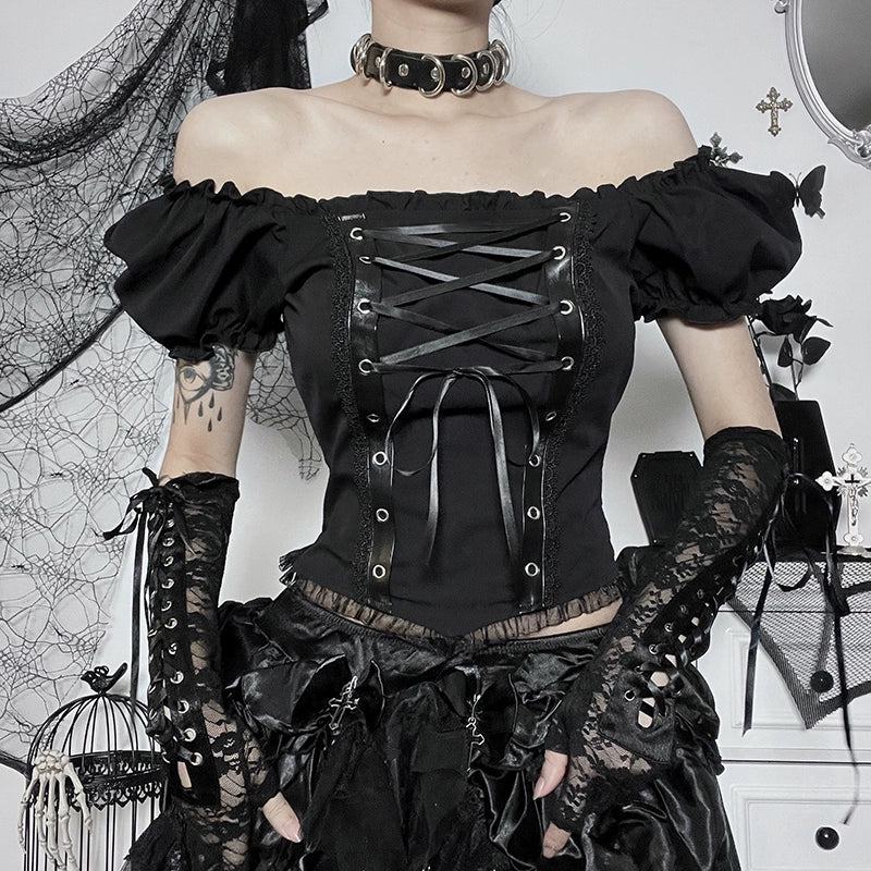 Wannathis Gothic Lolita Off-Shoulder Corset Top - Black Lace-Up Blouse With Puff Sleeves