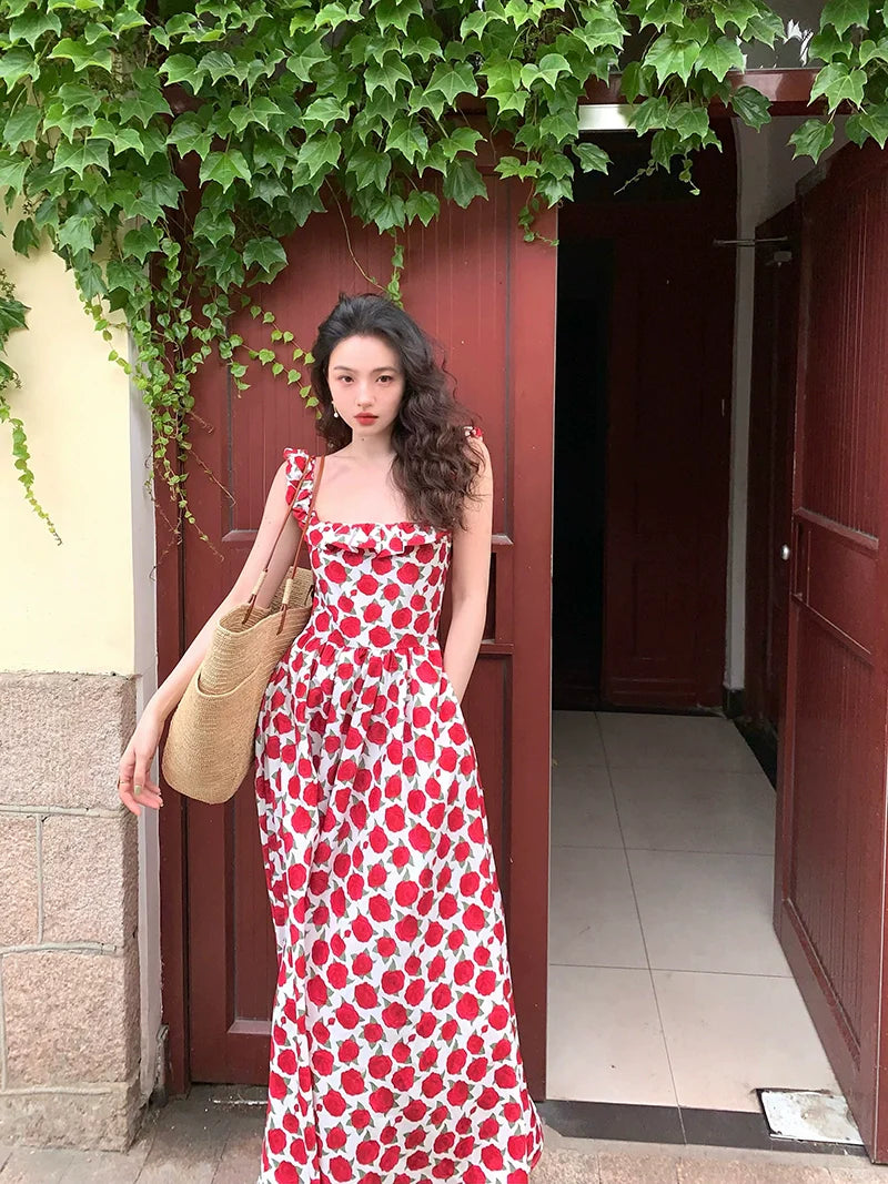 Red Rose Ruffle Slip Maxi Dress