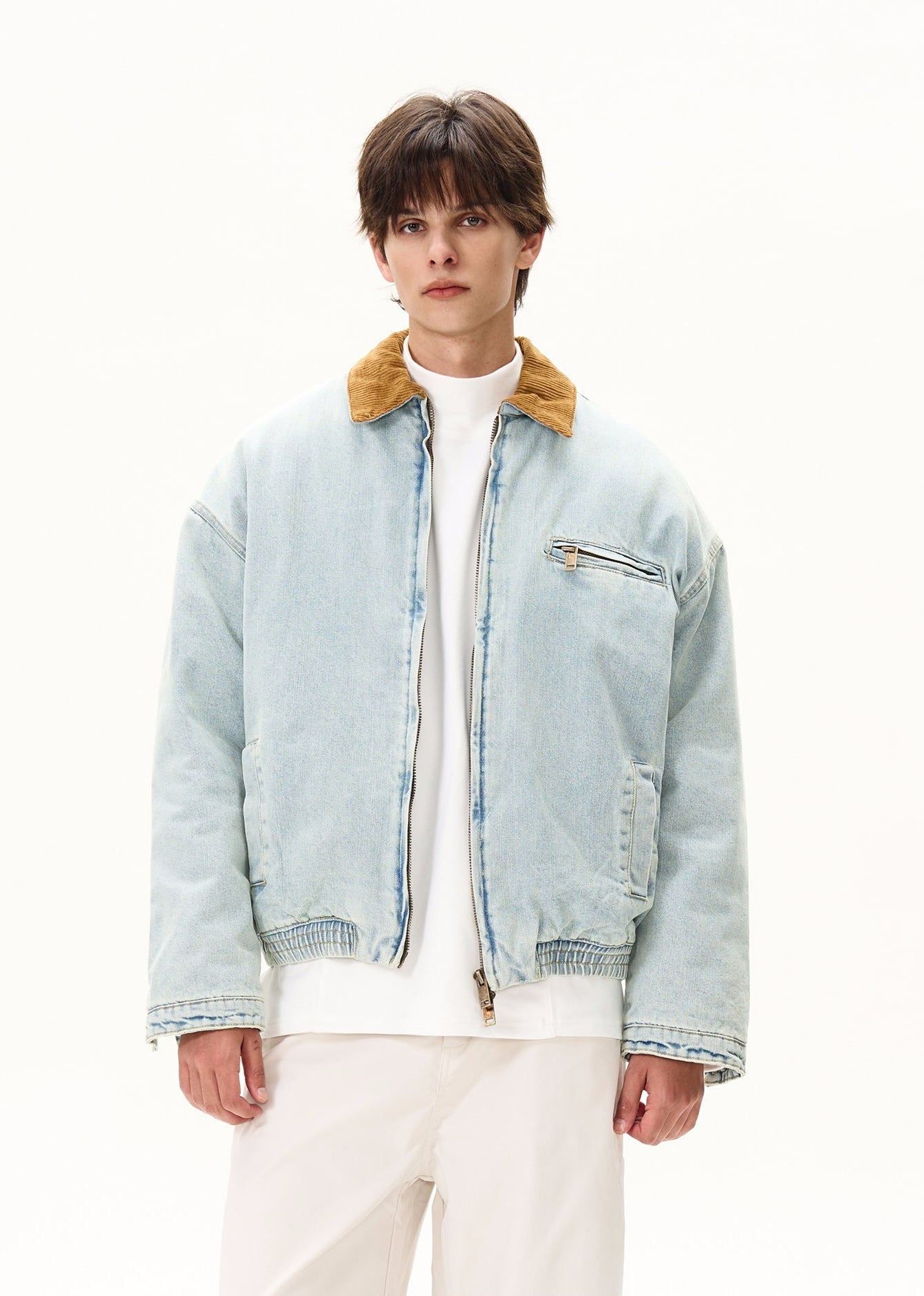 Corduroy Collar Light Denim Bomber Jacket