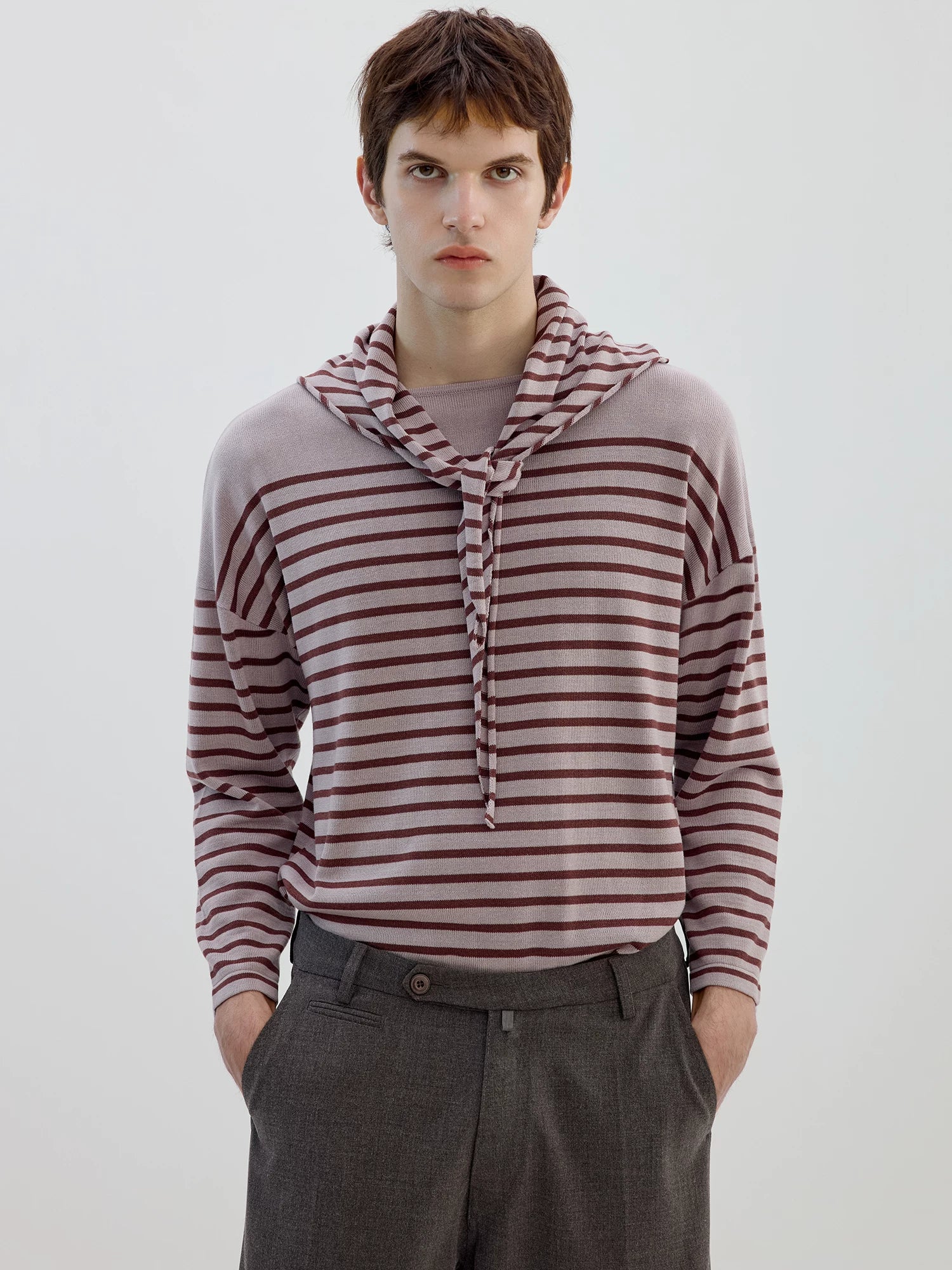 Striped Scarf-Neck Knit Top