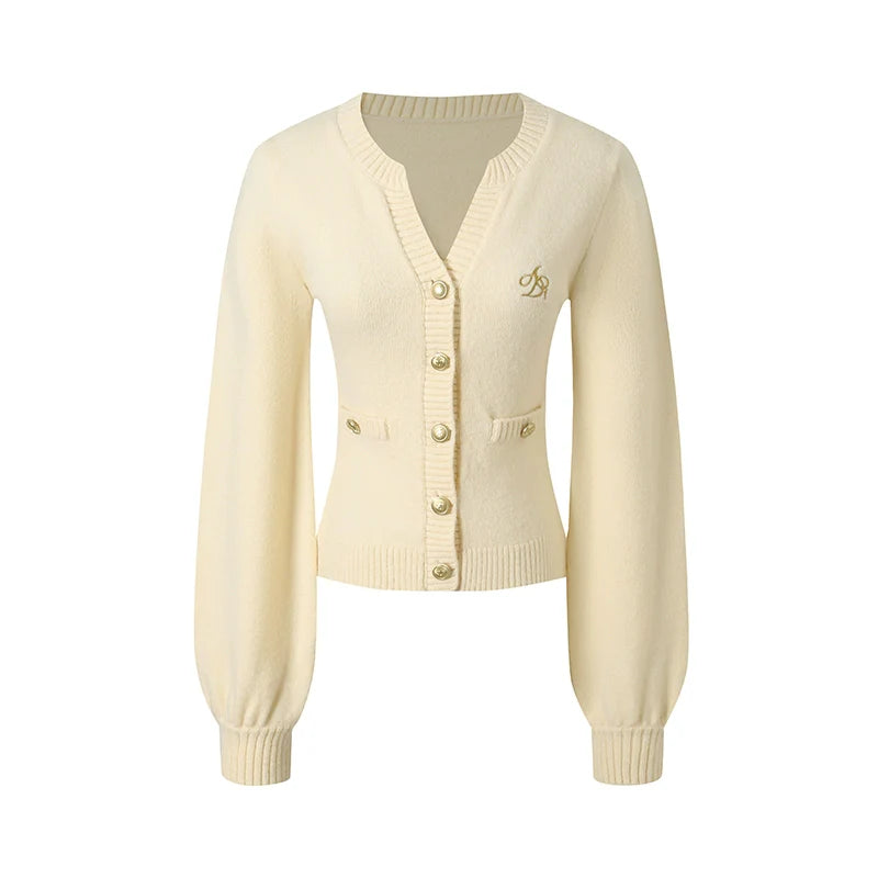 Cream Puff Sleeve Cardigan - Classic Button-Up Knit Sweater