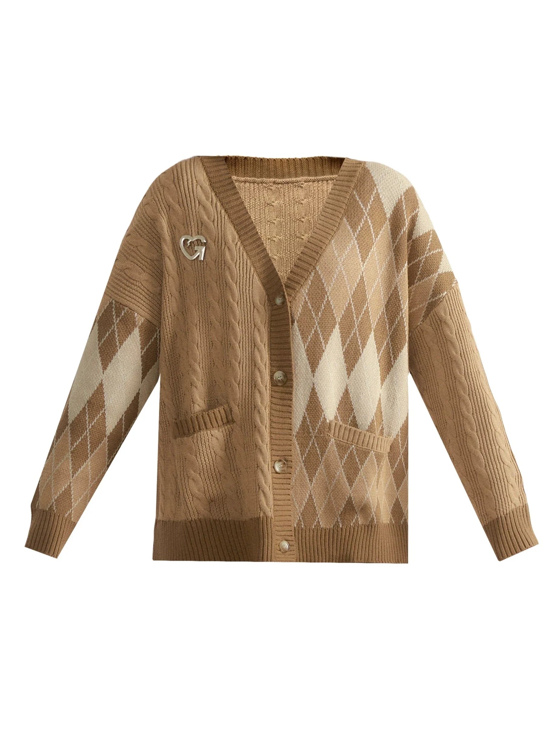 Vintage Argyle Cardigan: Cozy V-Neck Knit Sweater in Earthy Tones