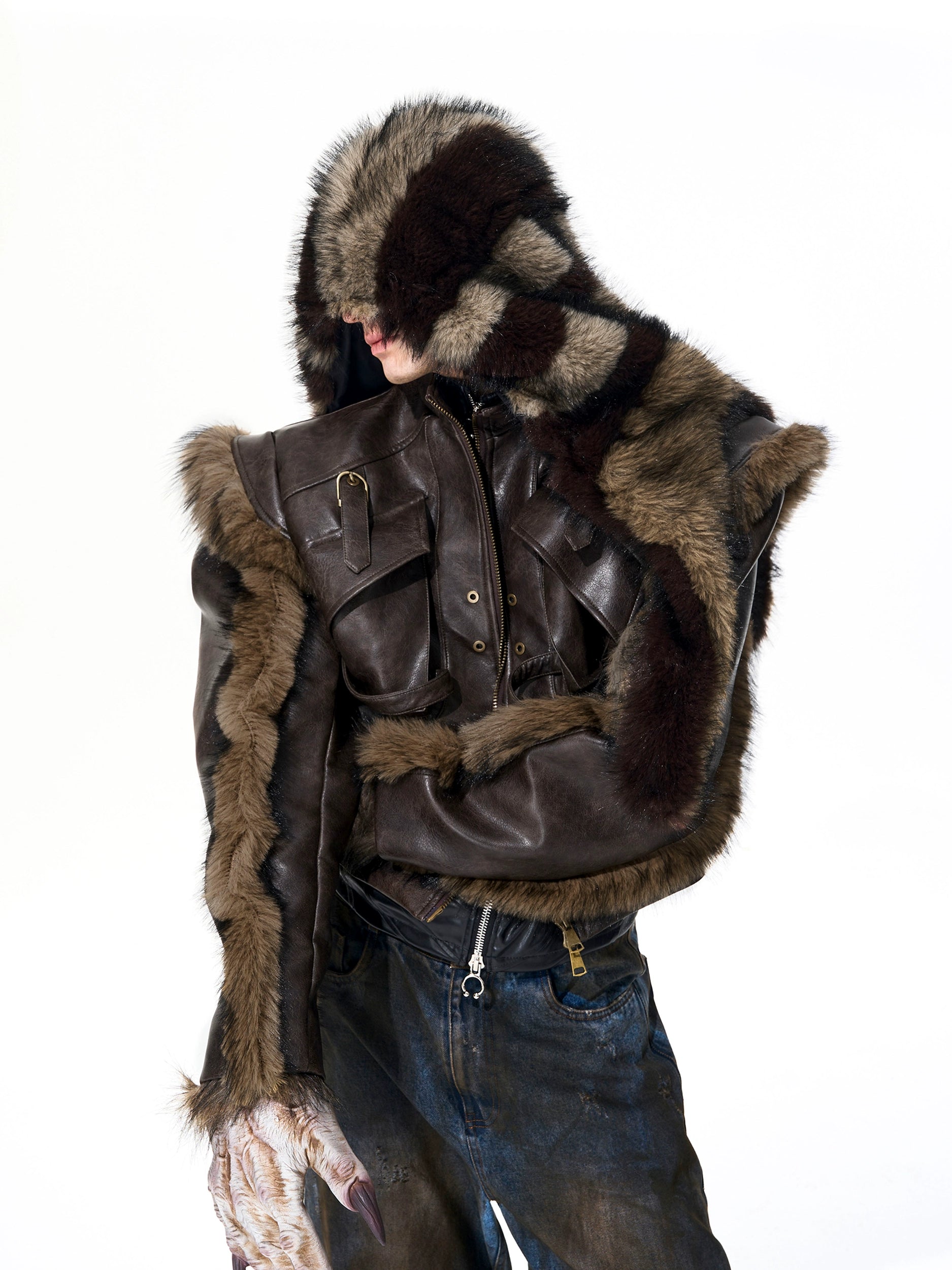 Faux Fur Shawl with Hood in Brown and Black Tones