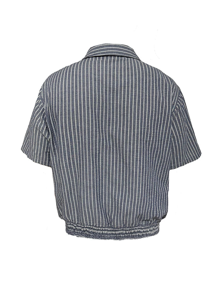 Vertical-Stripe Short-Sleeve Shirt with Curved Hem