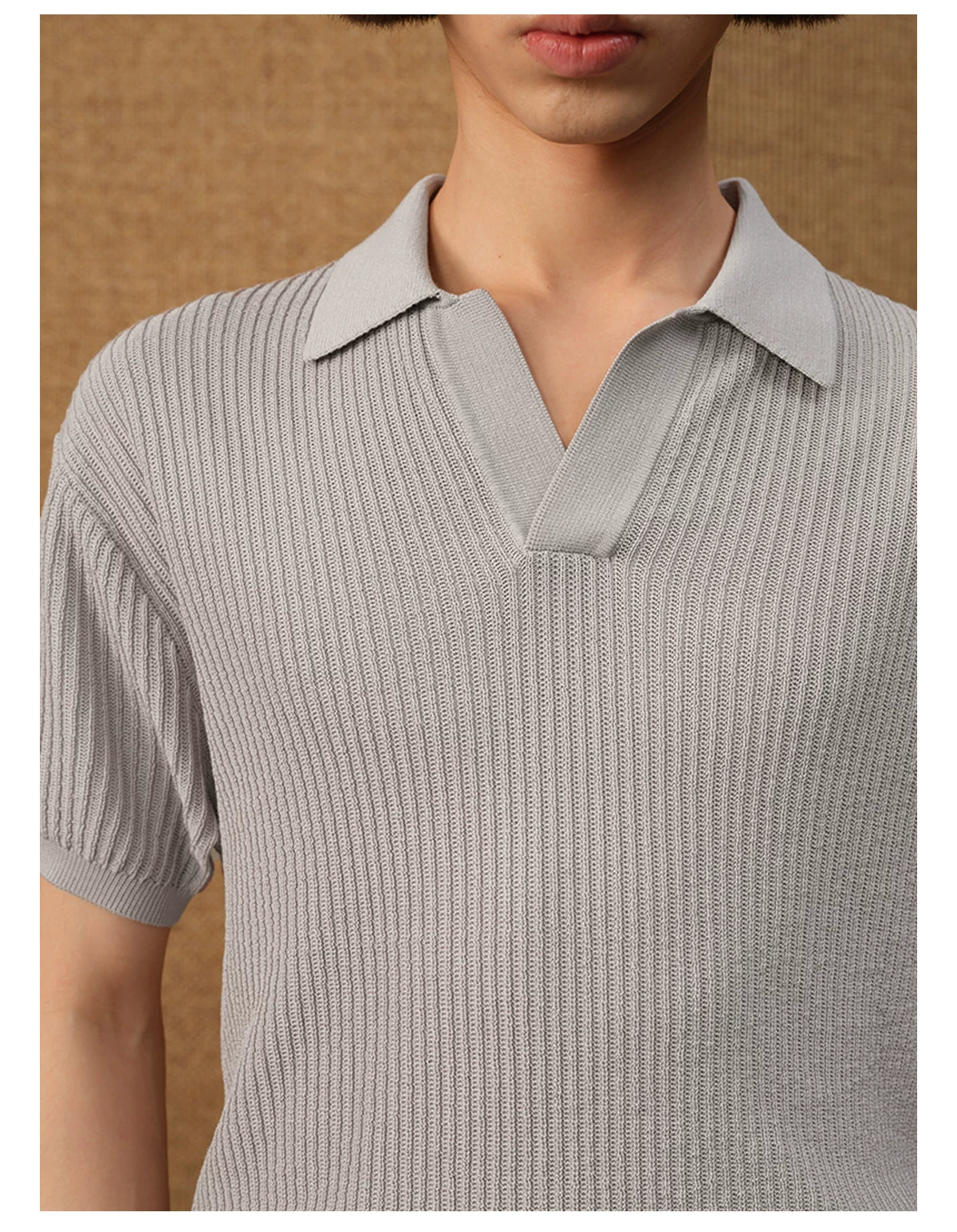 Textured Knit Open-Collar Polo Shirt