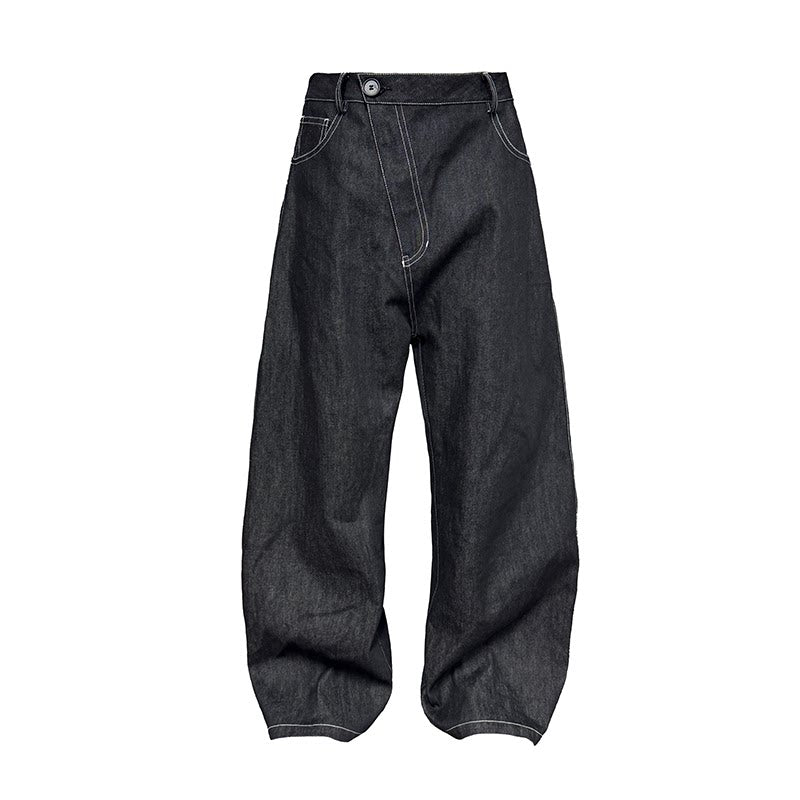 Black Contrast-Stitch Balloon Denim Trousers