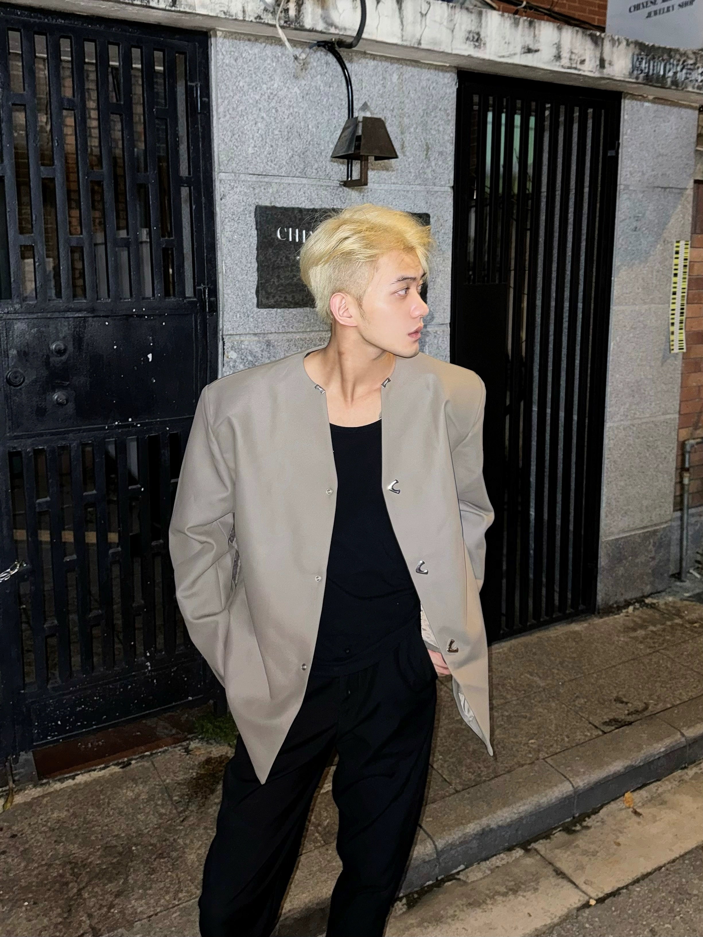 Light Beige Collarless Long Coat with Asymmetric Button Fastening