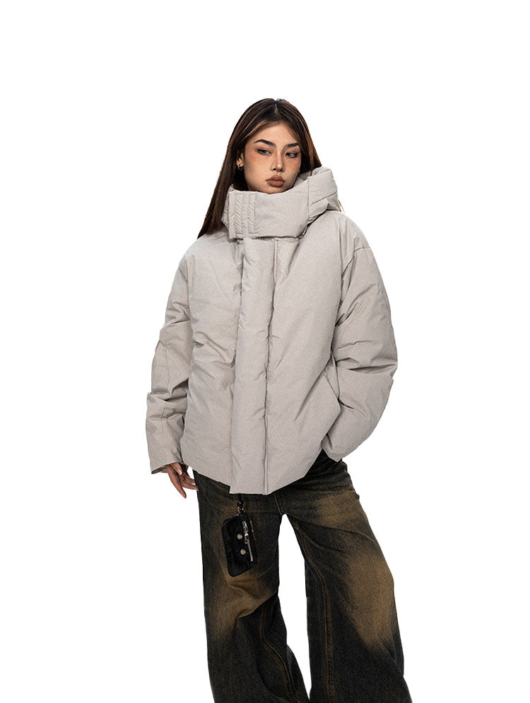 High Collar Windproof Hooded Down Jacket - chiclara