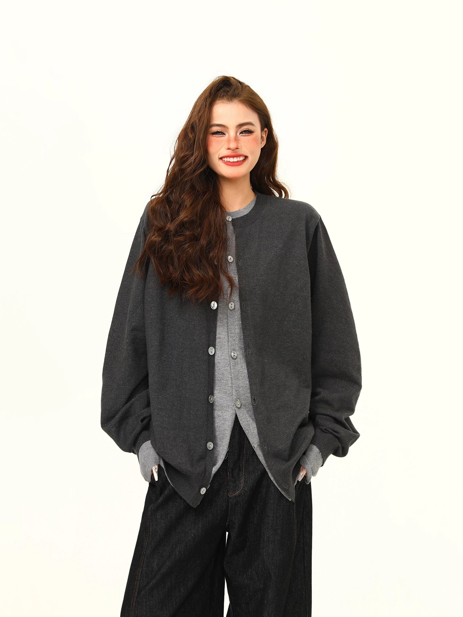Two-Tone Gray Asymmetric Button Cardigan