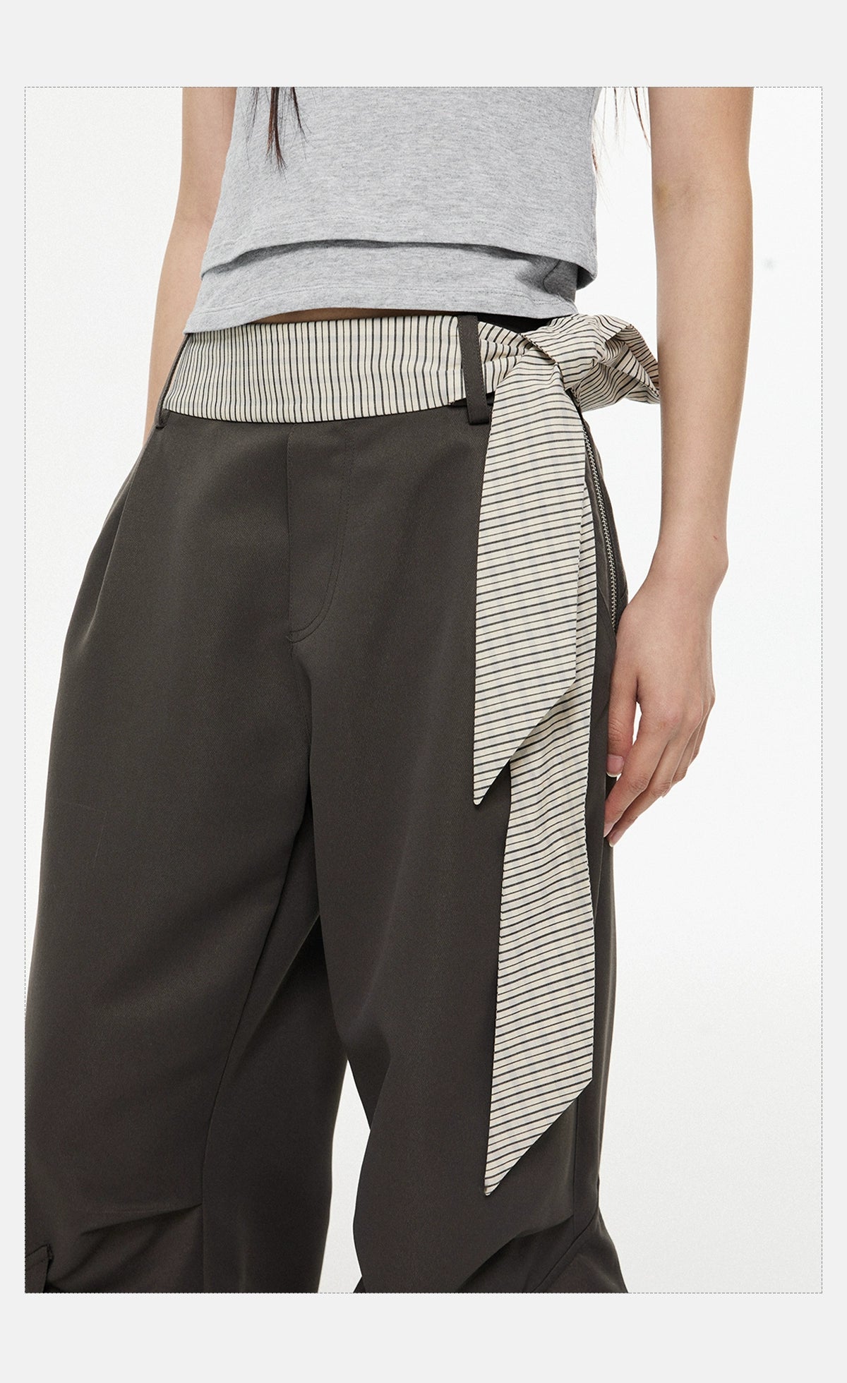Wide-Leg Dark Cargo Pants with Striped Sash Belt