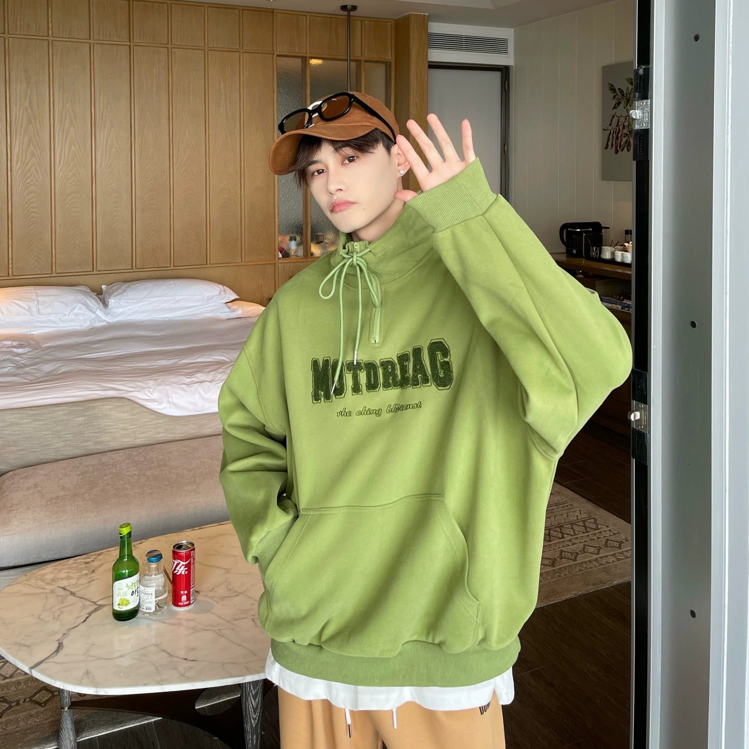 Quarter-Zip Mock Neck Sweatshirt with Embroidered Text