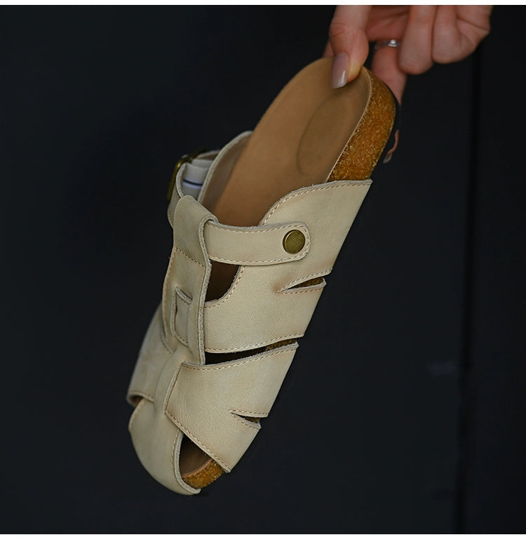 Beige Leather Buckle Strap Sandals