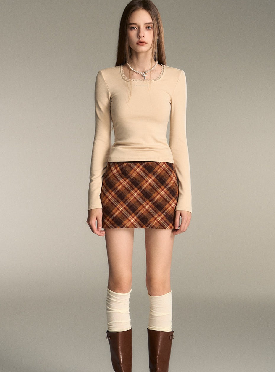 Retro American Red Brown Checkered Wool Skirt - chiclara