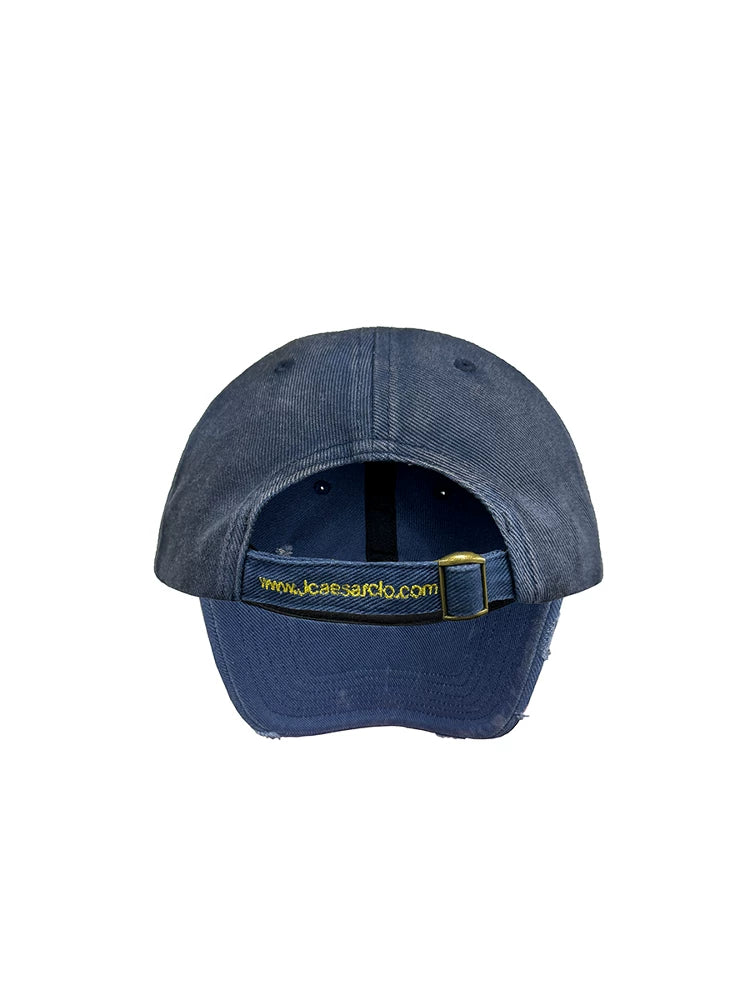Distressed Denim Cap with Yellow Circle Embroidery