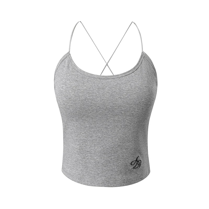 Essential Cross-Back Cami Top: Sleek Athletic Cropped Tank in Black, Heather Gray, and White