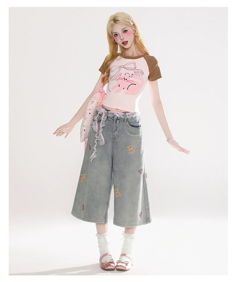 Teddy Bear and Heart Print Culottes