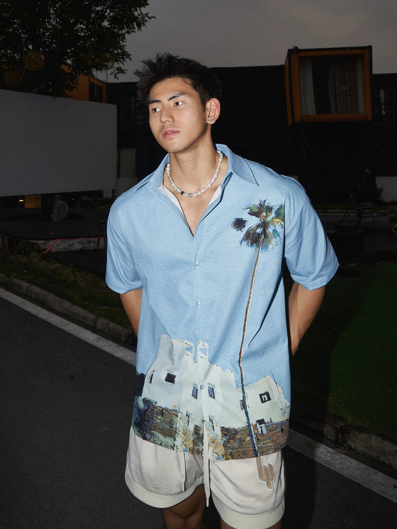 Light Blue Shirt with Mediterranean Scene Print
