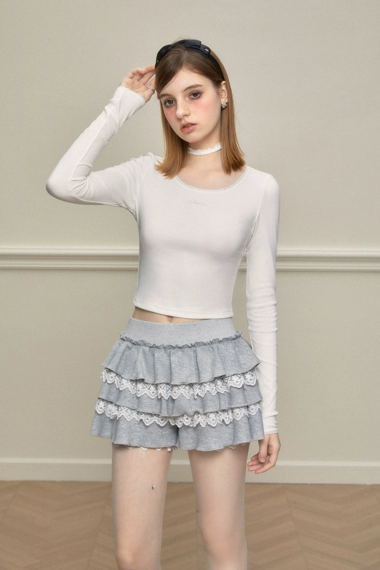 Lace Trim Tiered Ruffle Skort