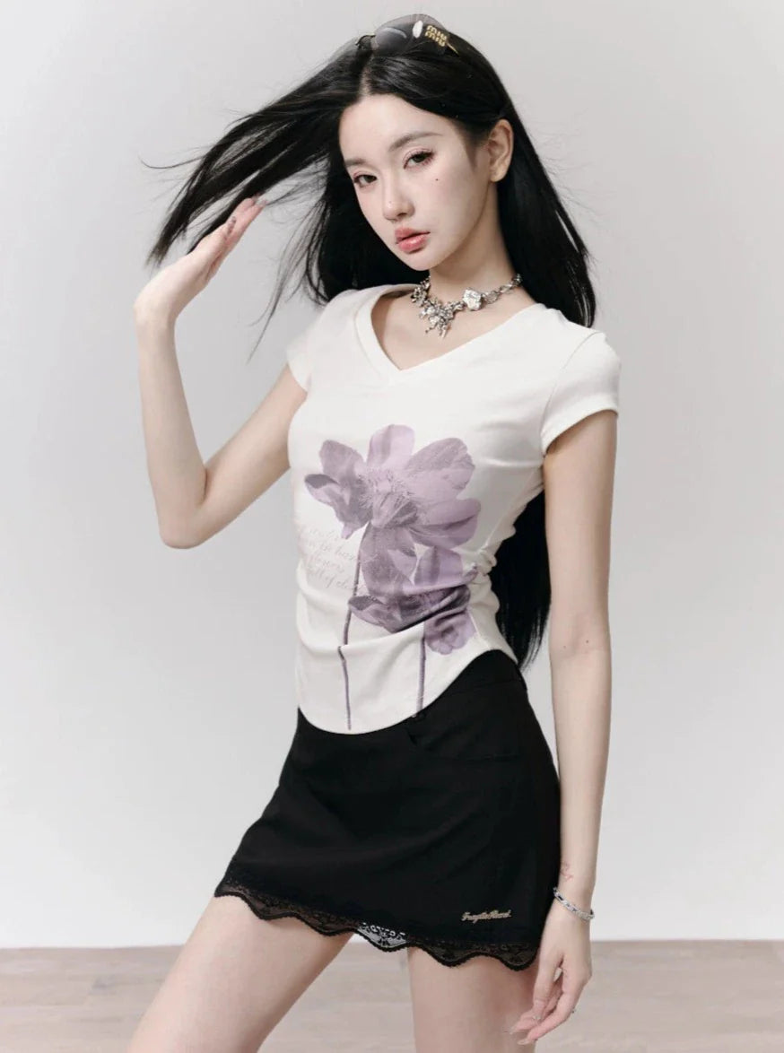 Watercolor Floral Cap Sleeve Ruched T-Shirt