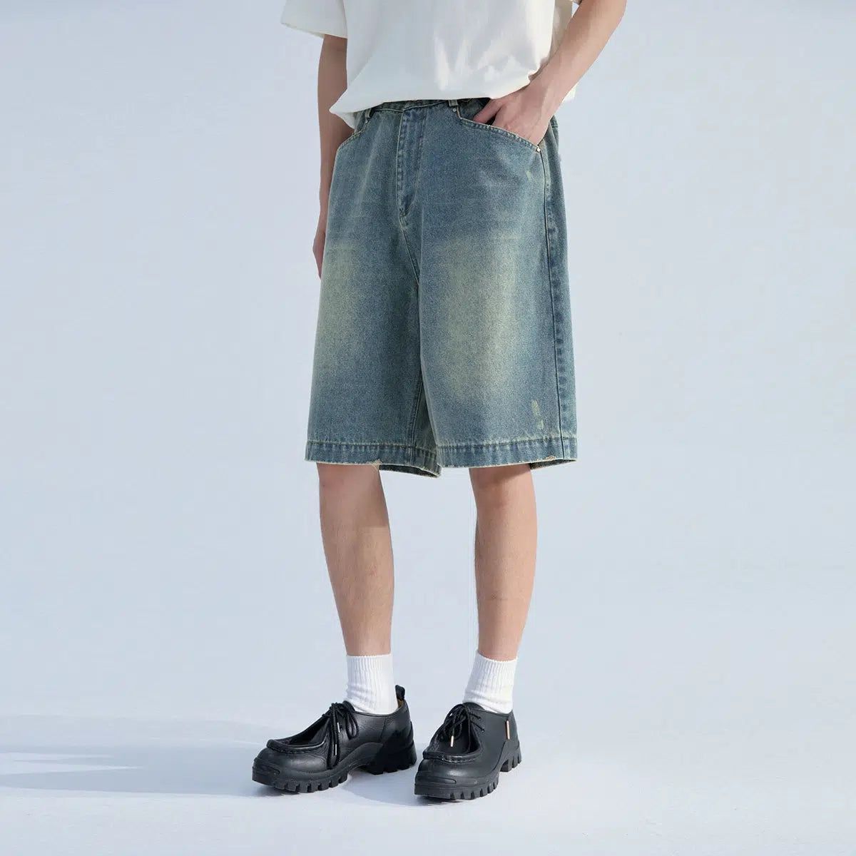 Denim Shorts with Faded Knees - chiclara