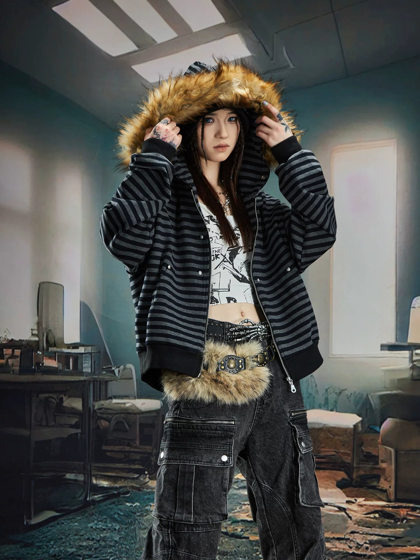 Feral Stripe Faux‑Fur Hooded Zip Jacket